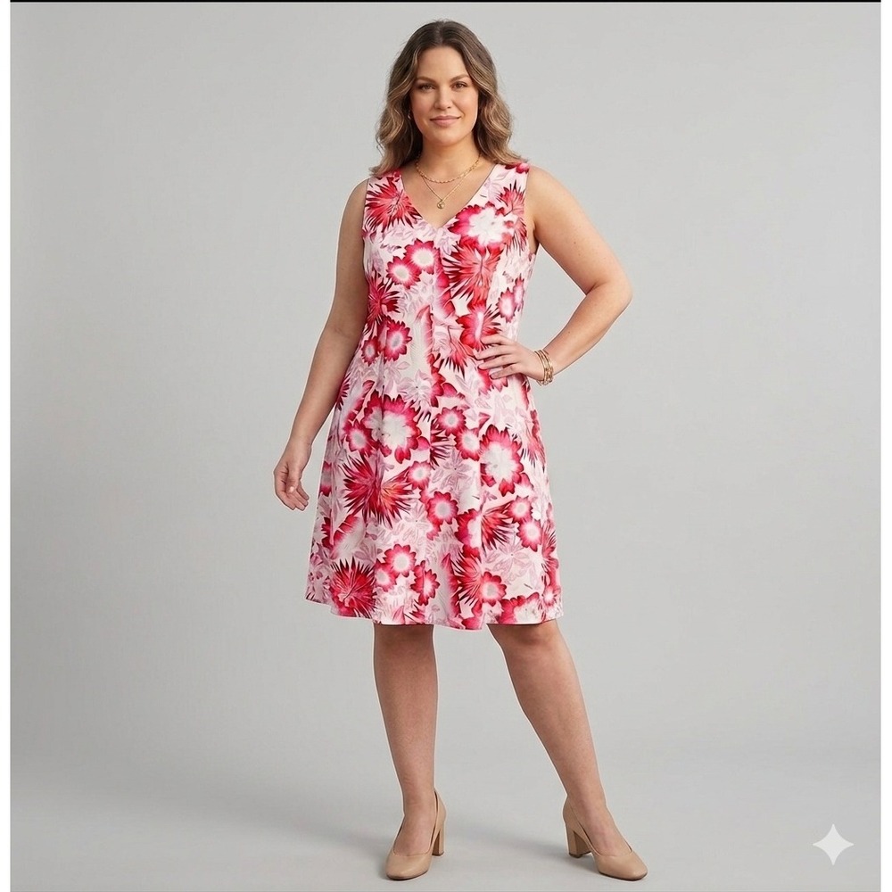 SALE Lands' End Floral Linen Sun Dress Women 14 Pink Red Tropical Sleeveless